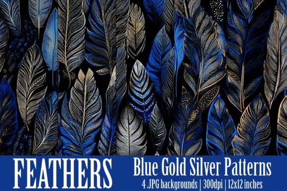 Blue Silver Gold Feathers Patterns, S3: A Unique Package for Creative Projects