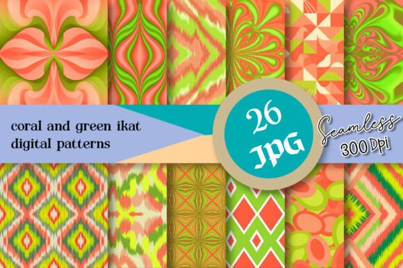 Coral and Green Ikat Digital Patterns