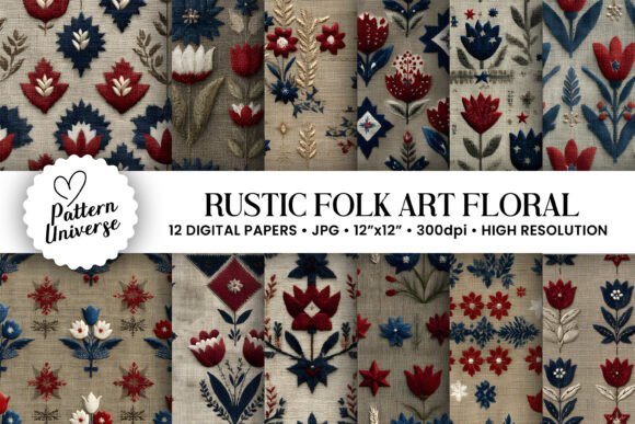 Folk Art Red Blue Flowers Patterns