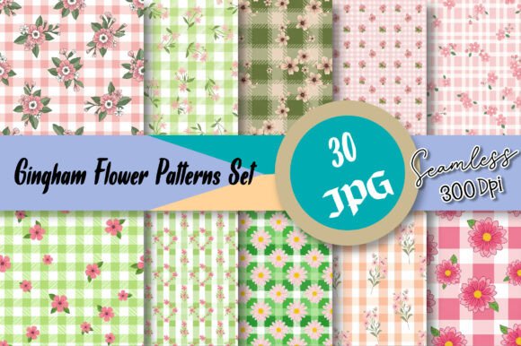 Gingham Flower Seamless Patterns Set