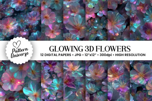 Glowing 3D Flowers Seamless Patterns