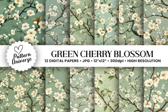 Green and White Cherry Blossom Patterns