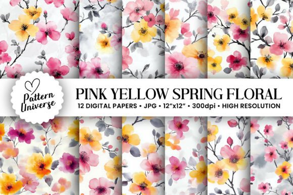 Pink and Yellow Spring Flowers Patterns for Creative Projects
