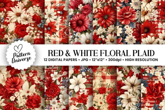 Red and White Floral Plaid Patterns for Creative Projects